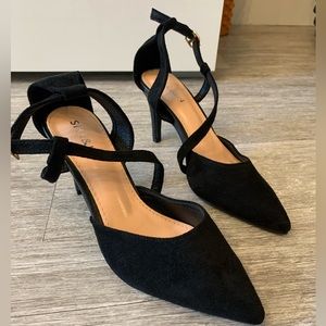Point Toe Black Suede Stiletto Heels.